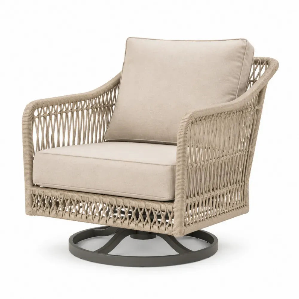 Garten Drehsessel Loungesessel korbförmig 80 x 82 x 88 cm PE-Rattan Stahl Polyestergewebe Naturbeige Beige Dunkelgrau