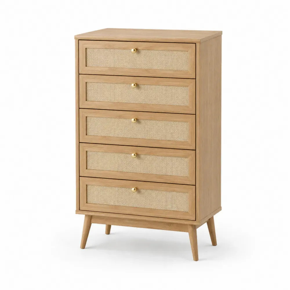 Kommode mit 5 Schubladen 60 x 40 x 105 cm rechteckig MDF Eiche-Furnier Rattan Kautschukholz naturbraun beige goldfarben