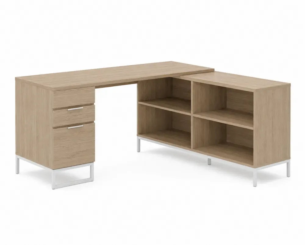 Eckschreibtisch L-Form mit 3 Schubladen und Regal 160 x 120 x 75 cm melaminbeschichtete Spanplatte Eiche-Dekor Hellbraun Weiß