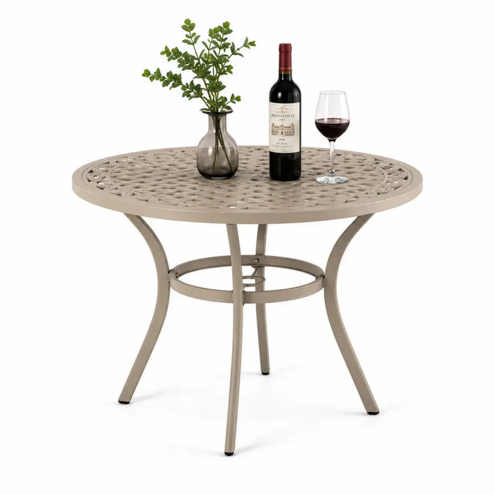 Gartentisch rund mit Sonnenschirmloch Ø 106 cm Höhe 74 cm Aluminiumguss Stahlrohr Gitterplatte Beige Schwarz