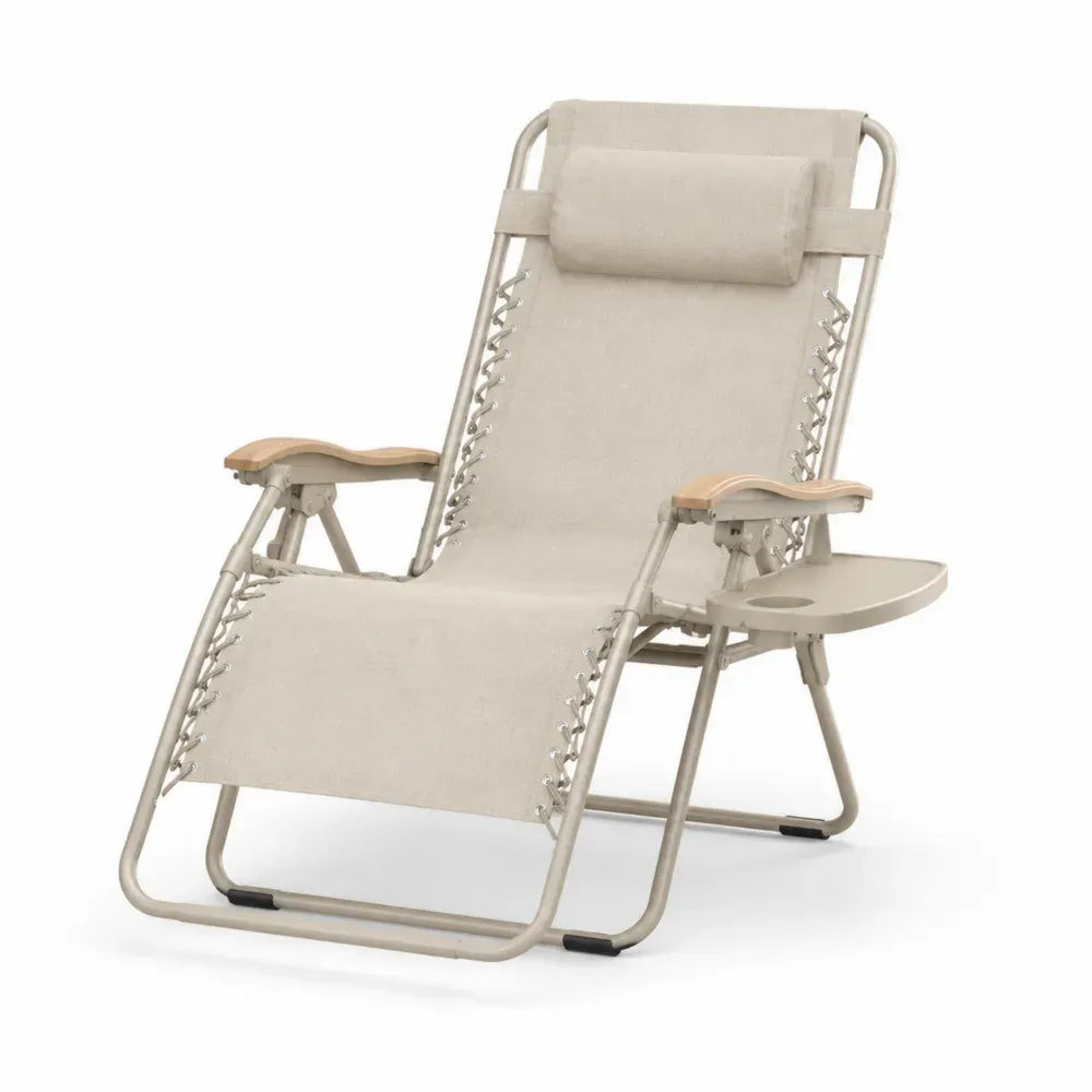 Relaxstuhl Gartenstuhl klappbar 65 x 90 x 110 cm Stahl Textilene Liegeform Beige Naturbraun Silber Schwarz mit Kopfkissen und Ablage