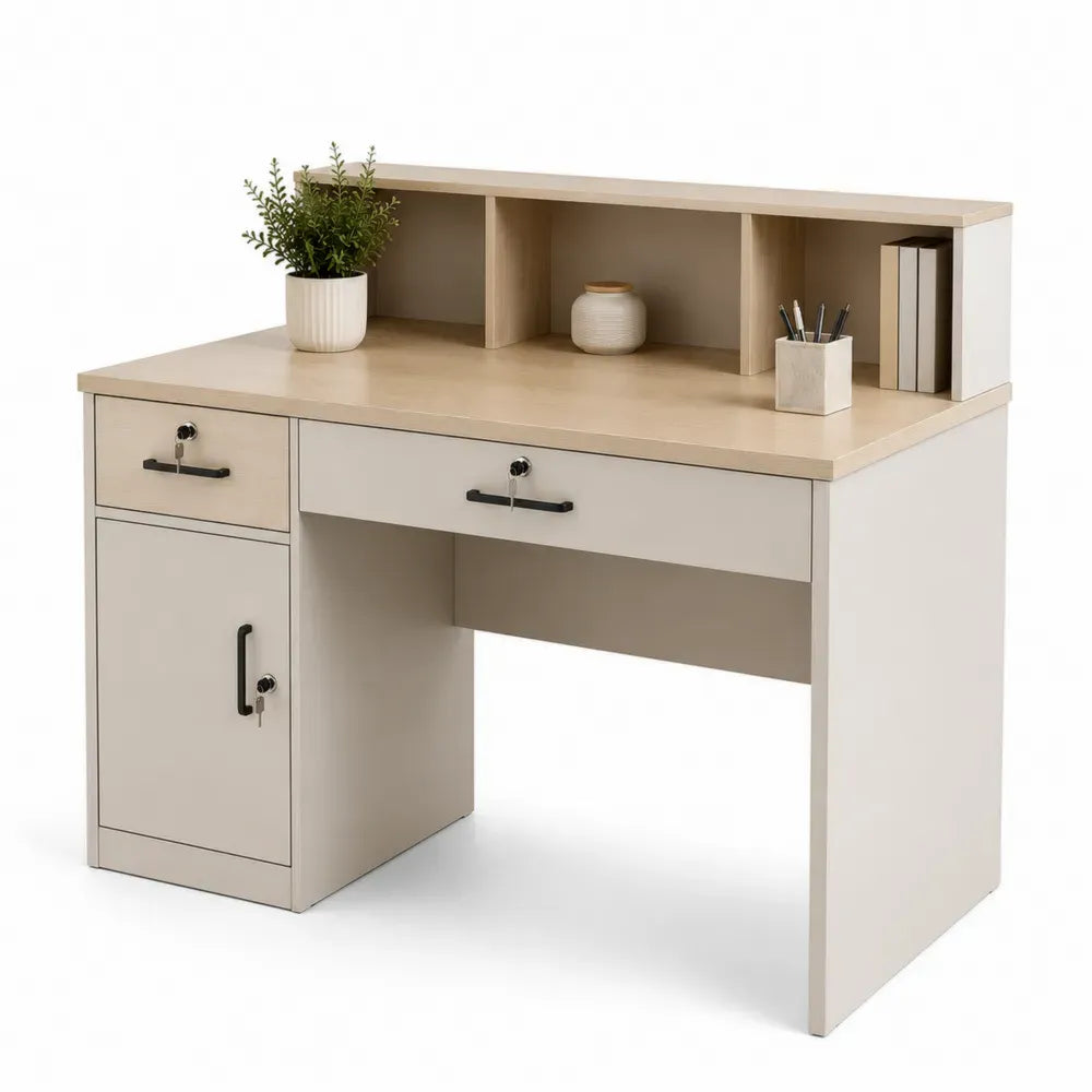 Schreibtisch mit Aufsatz 2 Schubladen und abschließbarem Türfach 120 x 55 x 95 cm melaminbeschichtete Spanplatte Beige Hellbraun Schwarz
