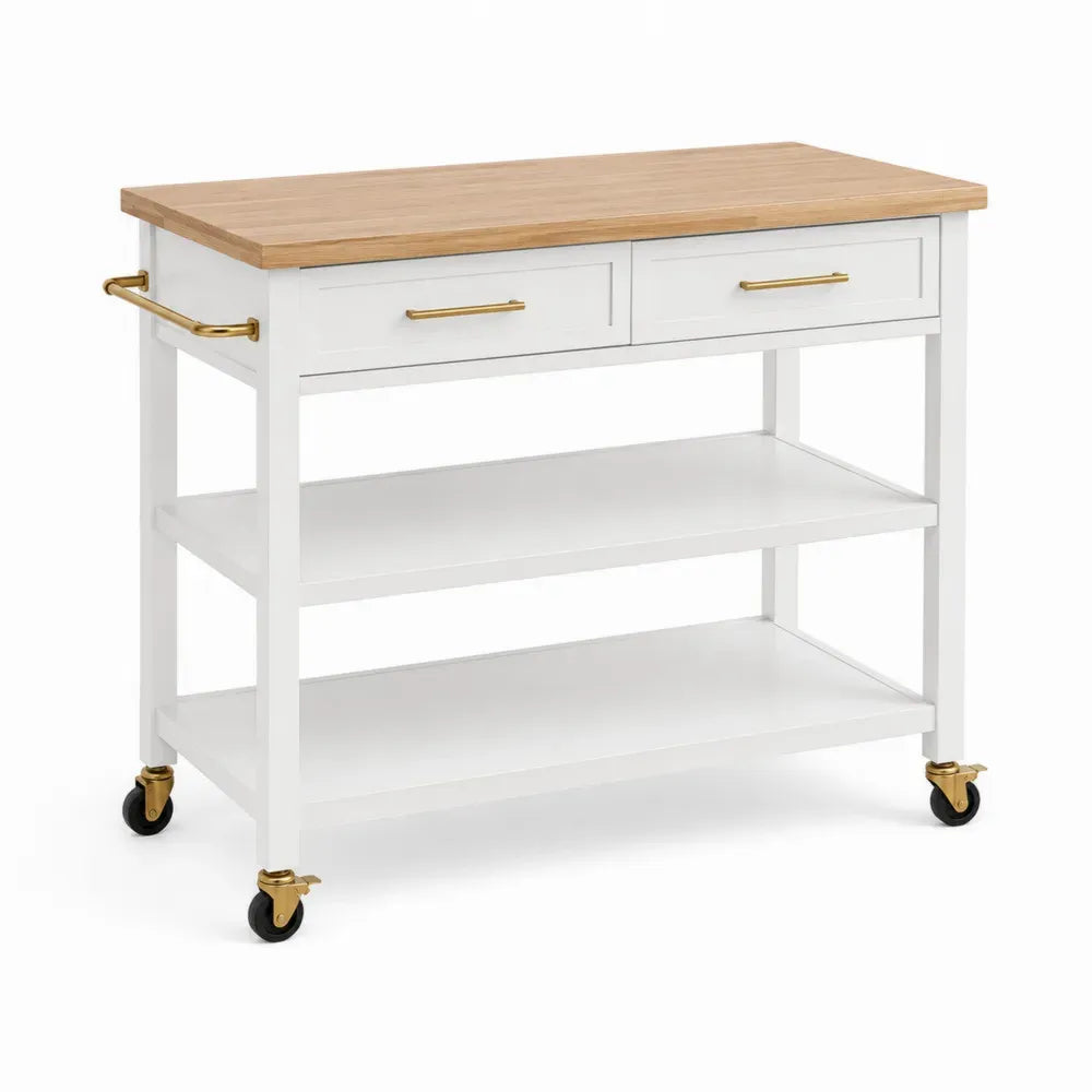 Küchenwagen Rollwagen mit 2 Schubladen 2 Ablagen und Rollen 100 x 45 x 90 cm rechteckig MDF Kautschukbaum-Massivholz Weiß Natur Goldfarben