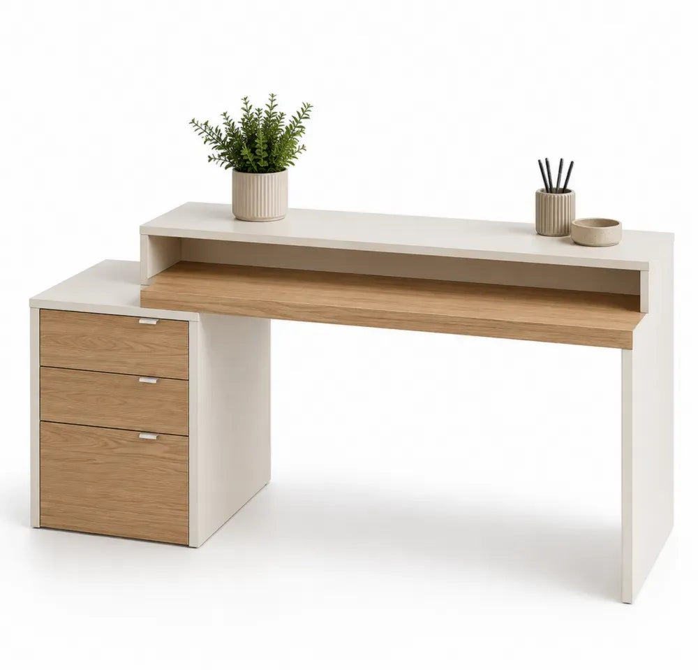 Schreibtisch mit Aufsatz und 3 Schubladen 140 x 60 x 92 cm rechteckig melaminbeschichtete Spanplatte Weiß Eiche Dekor