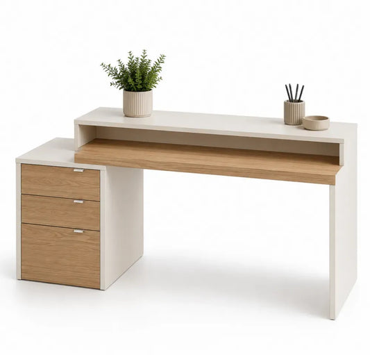 Schreibtisch mit Aufsatz und 3 Schubladen 140 x 60 x 92 cm rechteckig melaminbeschichtete Spanplatte Weiß Eiche Dekor