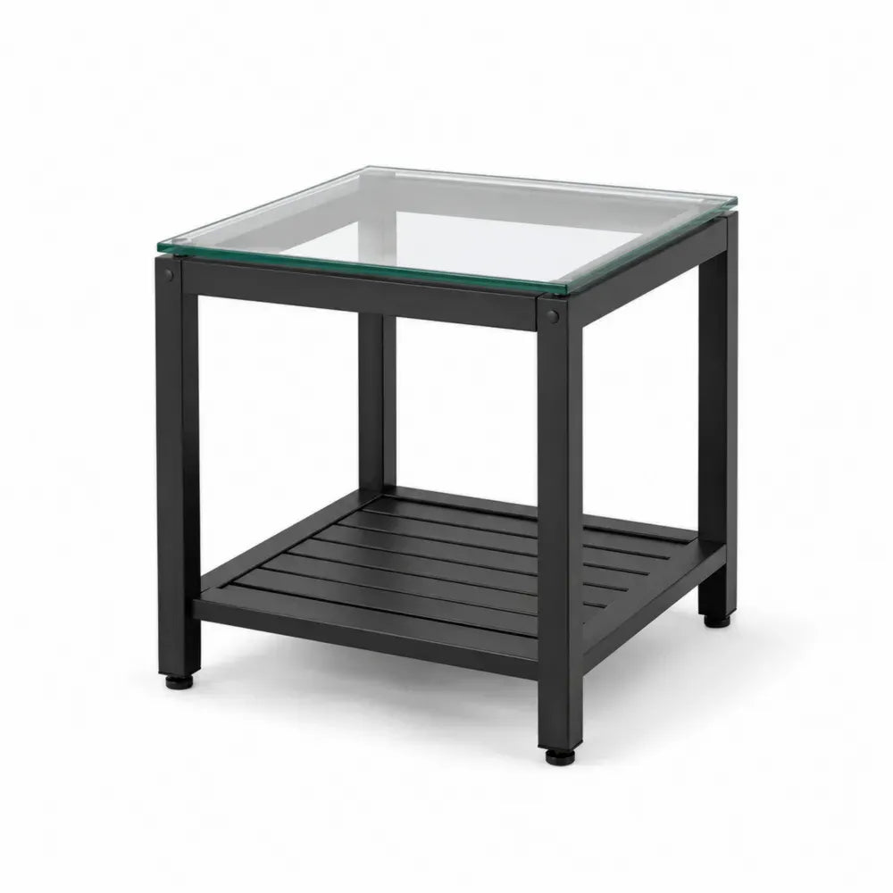Quadratischer Garten Beistelltisch 50 x 50 x 50 cm mit gehärteter Glasplatte und pulverbeschichtetem Stahl Schwarz Transparent
