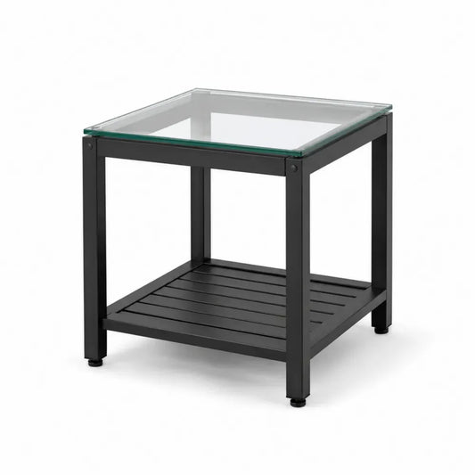 Quadratischer Garten Beistelltisch 50 x 50 x 50 cm mit gehärteter Glasplatte und pulverbeschichtetem Stahl Schwarz Transparent