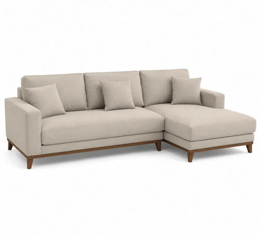 Modulares Ecksofa L-Form mit Recamiere rechts 3 Rückenkissen und 3 Kissen Polyestergewebe Beige Kautschukbaum Massivholz Naturholz 235 x 155 x 86 cm