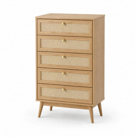 Kommode mit 5 Schubladen 60 x 40 x 105 cm rechteckig MDF Eiche-Furnier Rattan Kautschukholz naturbraun beige goldfarben