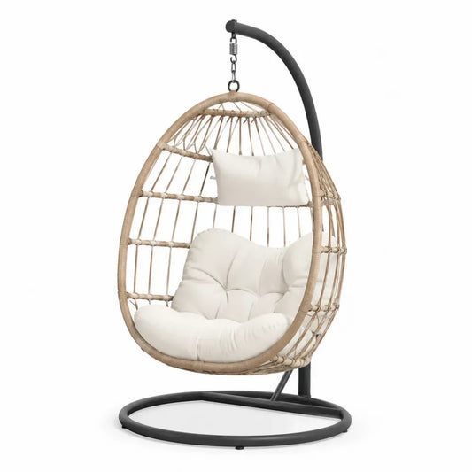 Hängesessel mit Gestell 105 x 105 x 195 cm PE-Rattan Stahl Polyester eiförmig Naturbeige Cremeweiß Schwarz Silber
