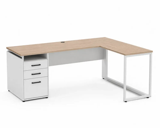 Eckschreibtisch L-Form mit 3 Schubladen 160 x 120 x 75 cm melaminbeschichtete Spanplatte Stahl eichefarben weiß hellgrau schwarz