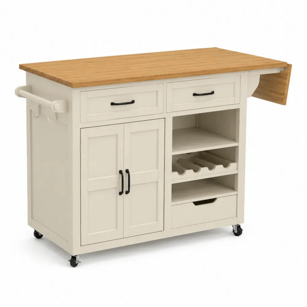Küchenwagen rechteckig mit klappbarer Bambus-Arbeitsplatte MDF-Korpus Schubladen Schrank Weinregal Rollen 120 x 75 x 90 cm Cremeweiß Natur Schwarz