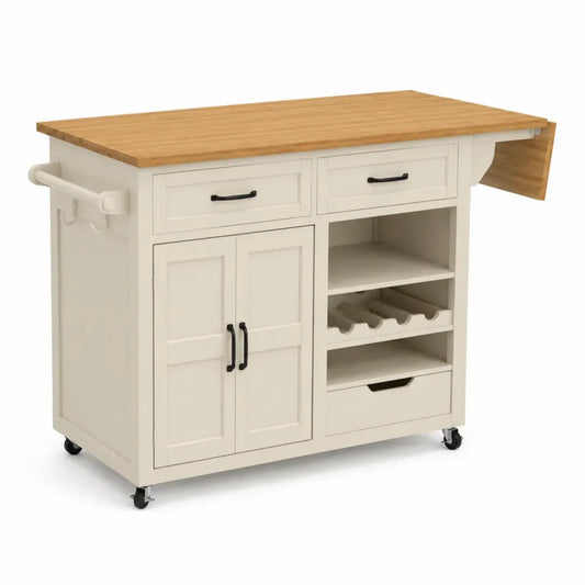 Küchenwagen rechteckig mit klappbarer Bambus-Arbeitsplatte MDF-Korpus Schubladen Schrank Weinregal Rollen 120 x 75 x 90 cm Cremeweiß Natur Schwarz