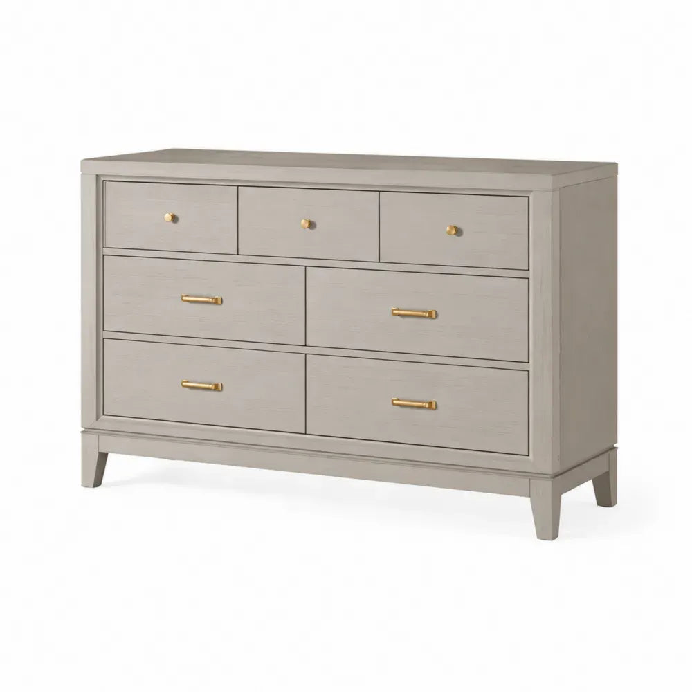 Kommode mit 7 Schubladen 120 x 45 x 82 cm rechteckig MDF Esche-Furnier Kautschukholz greige goldfarben