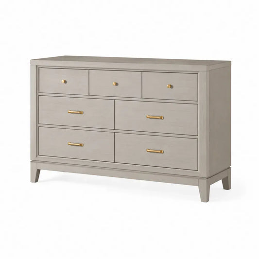 Kommode mit 7 Schubladen 120 x 45 x 82 cm rechteckig MDF Esche-Furnier Kautschukholz greige goldfarben