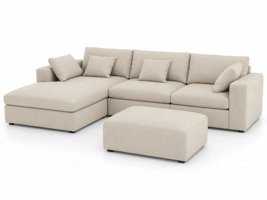 Modulares Ecksofa Set L-Form mit Ottomane links Hocker 3 Rückenkissen und 4 Kissen Polyestergewebe Beige schwarze Füße 300 x 165 x 85 cm