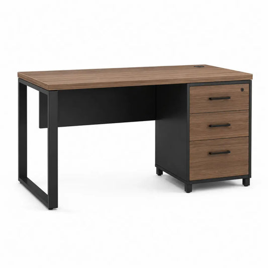 Schreibtisch mit 3 Schubladen 140 x 60 x 75 cm rechteckig melaminbeschichtete Spanplatte Nussbaum-Dekor Schwarz mit Stahlrahmen