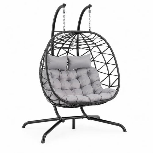 Hängesessel 2-Sitzer mit Gestell 138 x 120 x 195 cm Stahl PE-Rattan ovale Korbschale Grau Schwarz Silber