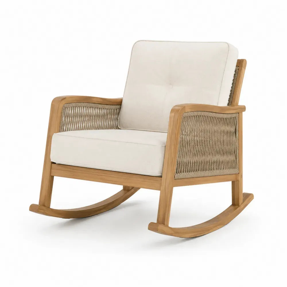 Schaukelstuhl Gartenstuhl mit Kissen 75 x 90 x 88 cm Akazienholz PP Seil Polyester Kufenform Cremebeige Naturbraun Naturbeige