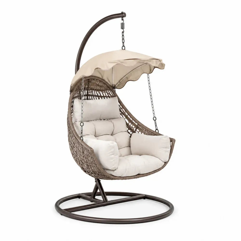 Hängesessel Gartenstuhl mit Gestell und Sonnendach 105 x 120 x 198 cm PE Rattan Stahl Polyester Eiform Beige Braun Creme