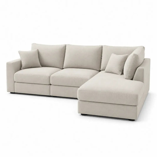 Modulares Ecksofa L-Form mit Recamiere rechts 3 Rückenkissen und 3 Kissen Polyestergewebe Beige schwarze Füße 270 x 160 x 86 cm