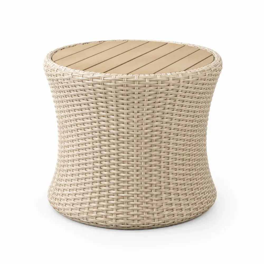 Garten Beistelltisch rund Ø 50 cm Höhe 48 cm PE-Rattan HDPE-Lamellen Stahlrahmen Beige Naturbraun