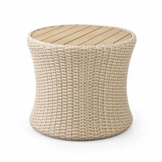 Garten Beistelltisch rund Ø 50 cm Höhe 48 cm PE-Rattan HDPE-Lamellen Stahlrahmen Beige Naturbraun