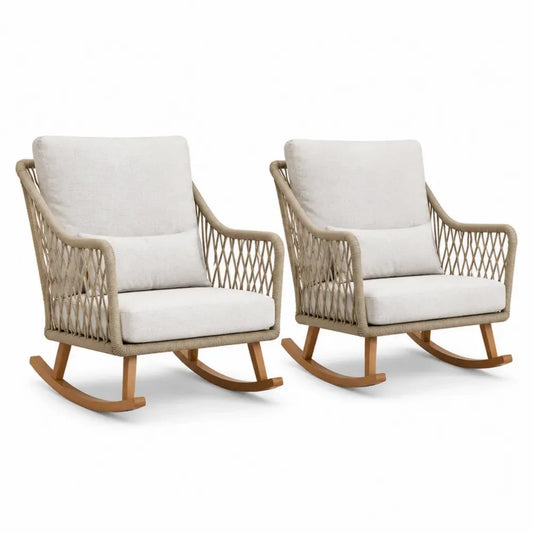 2er Set Schaukelstuhl Gartenstuhl mit Kissen 75 x 90 x 88 cm Akazienholz Polypropylen-Seil Kufenbasis Cremebeige Naturbeige Naturbraun